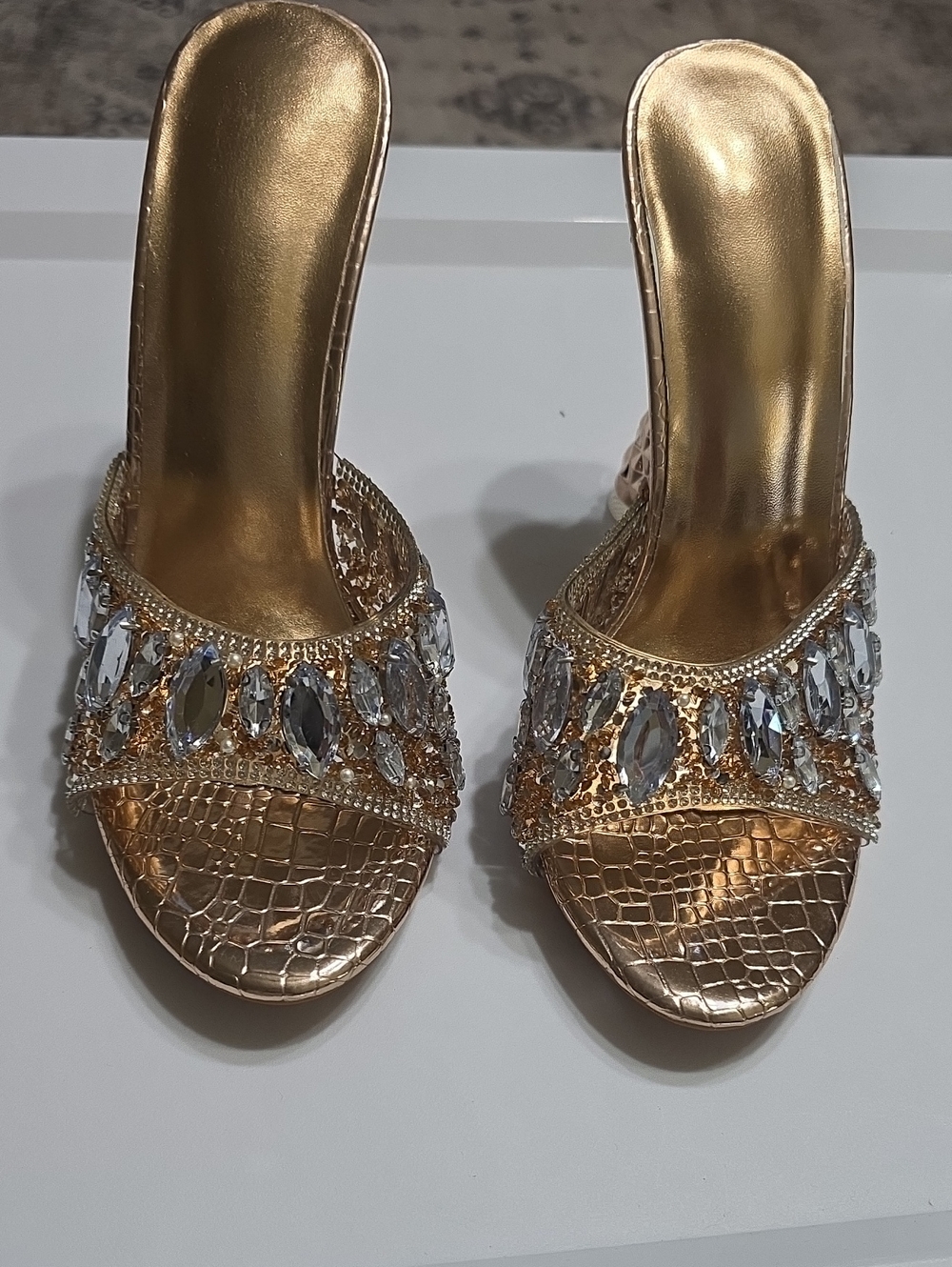 Gold Jeweled Slide Heels with Crystal Accents